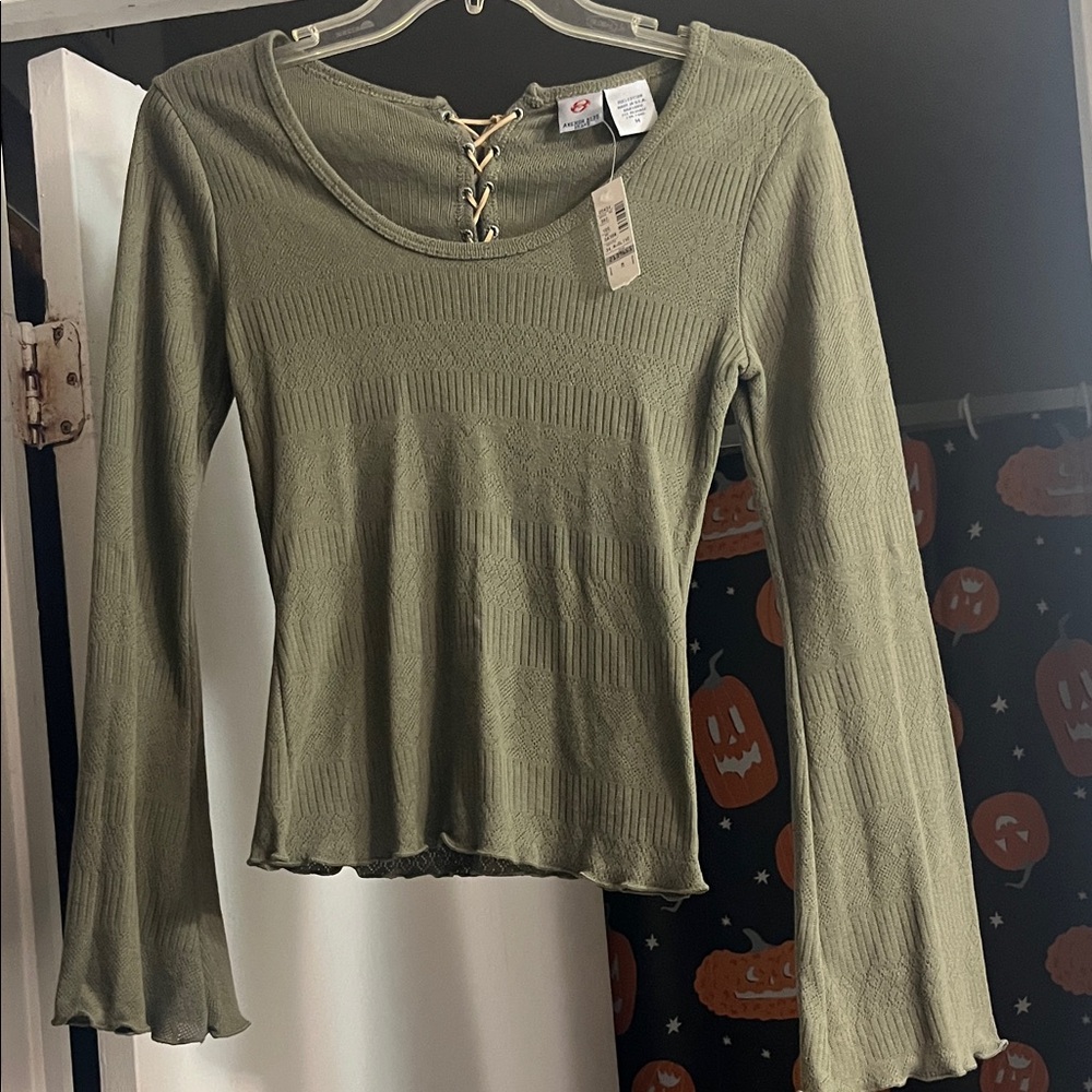 Anchor Blue Olive Lace-Up Long Sleeve Top